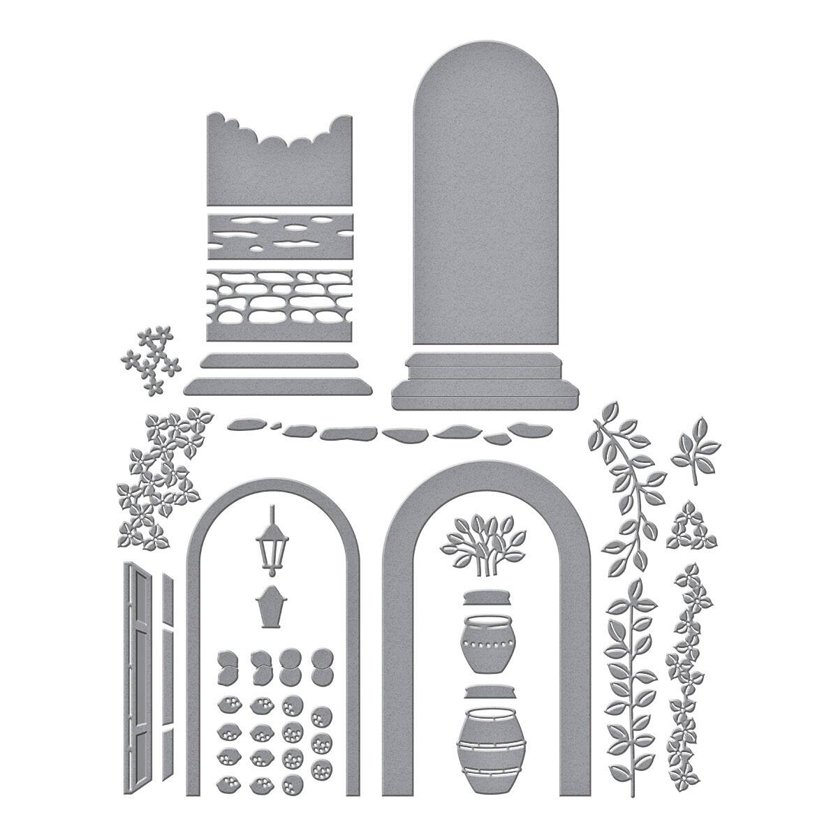 Scene-building cardmaking dies with door, arch, and flower pot