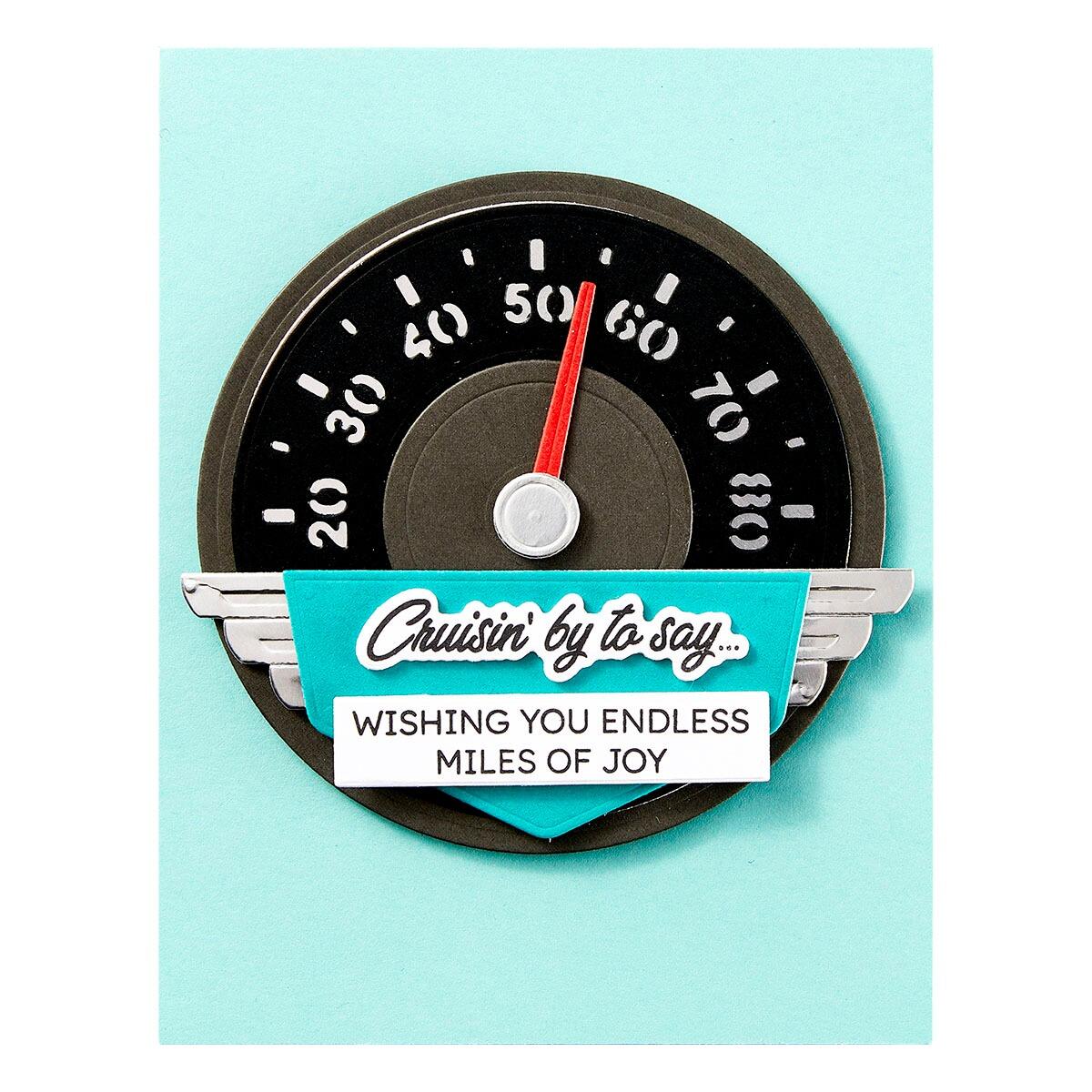 Finished project Spellbinders Speedometer Etched Dies from the Classic Road Legends Collection by Mindy Eggen