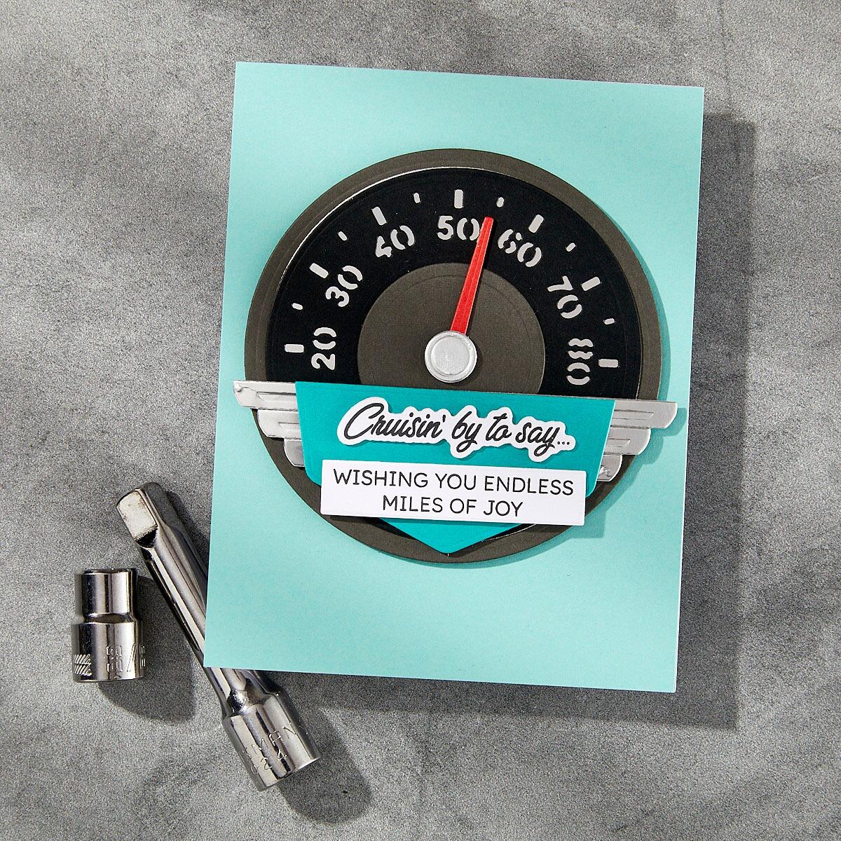 Finished project 2 Spellbinders Speedometer Etched Dies from the Classic Road Legends Collection by Mindy Eggen