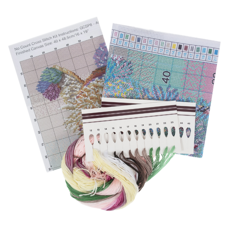 Printed Cross Stitch Kit Large Alpacas threads and chart