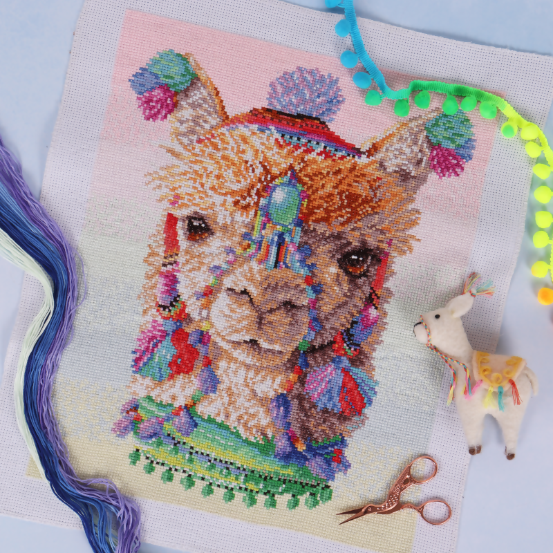 Printed Cross Stitch Kit Large Alpacas finished result