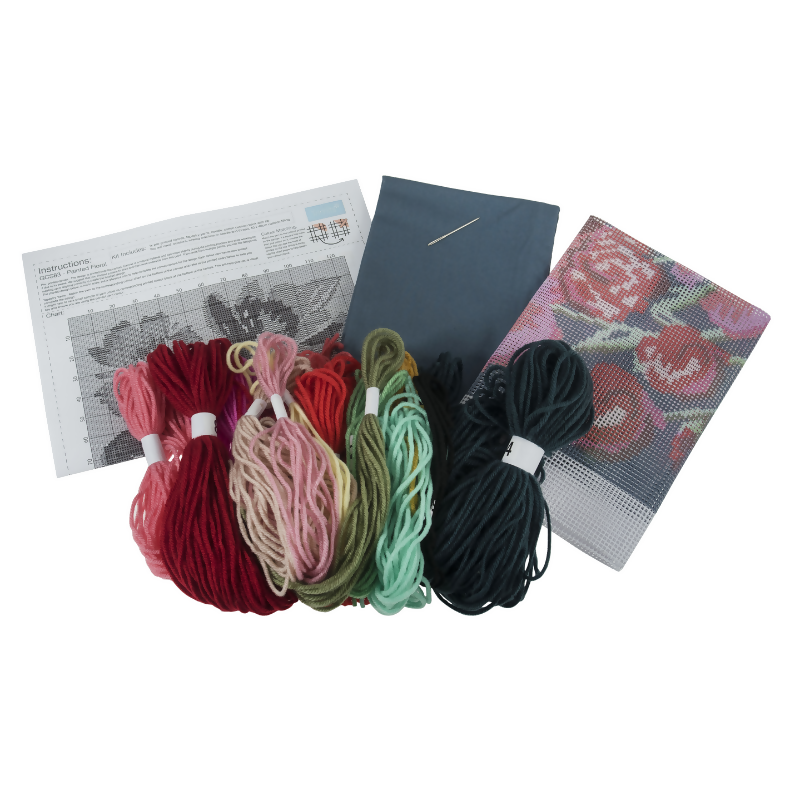 Trimits Painted Florals Half Stitch Cushion Kit Contents