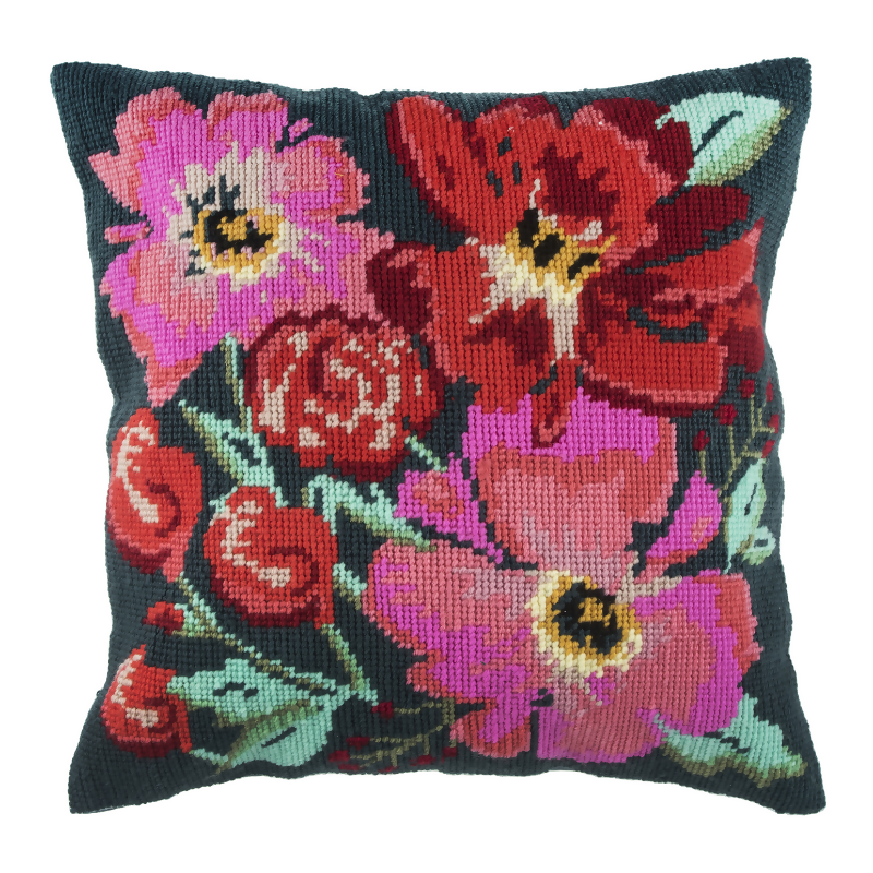Trimits Painted Florals Half Stitch Cushion Kit Completed