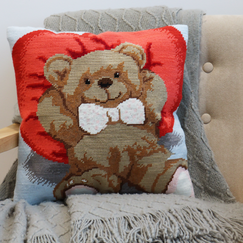 Trimits Ted Half Stitch Cushion Kit Completed