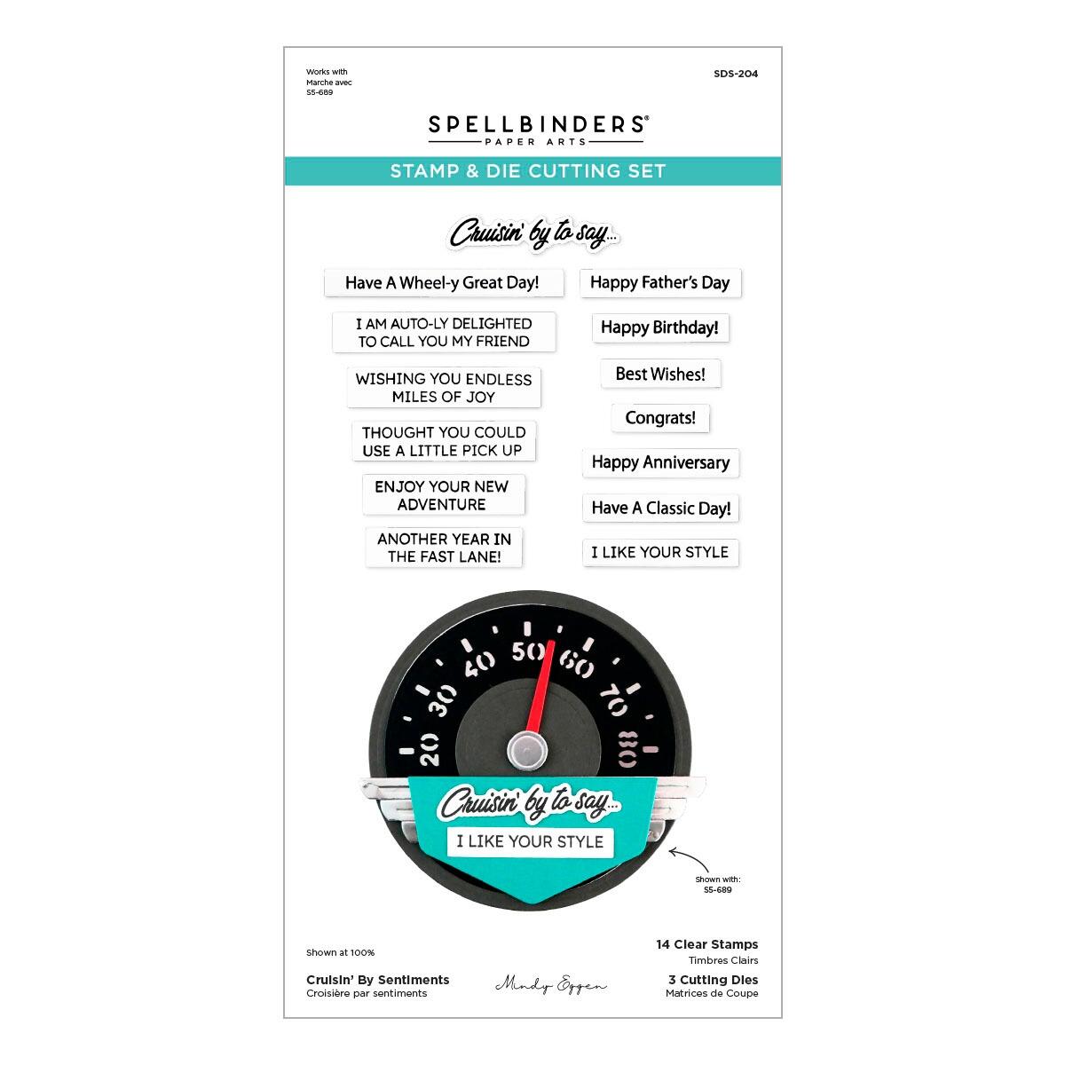 Spellbinders Cruisin' By Sentiments Clear Stamp & Die Set from the Classic Road Legends Collection by Mindy Eggen