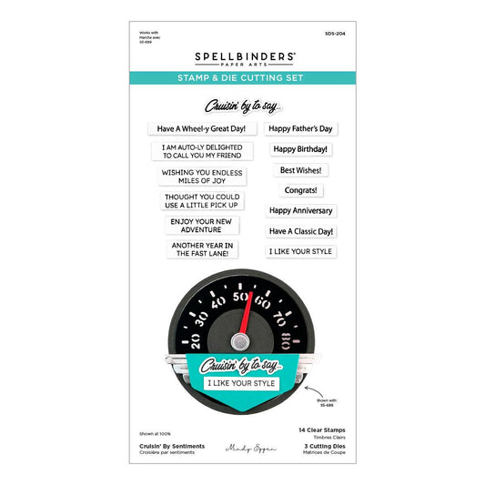 Spellbinders Cruisin' By Sentiments Clear Stamp & Die Set from the Classic Road Legends Collection by Mindy Eggen