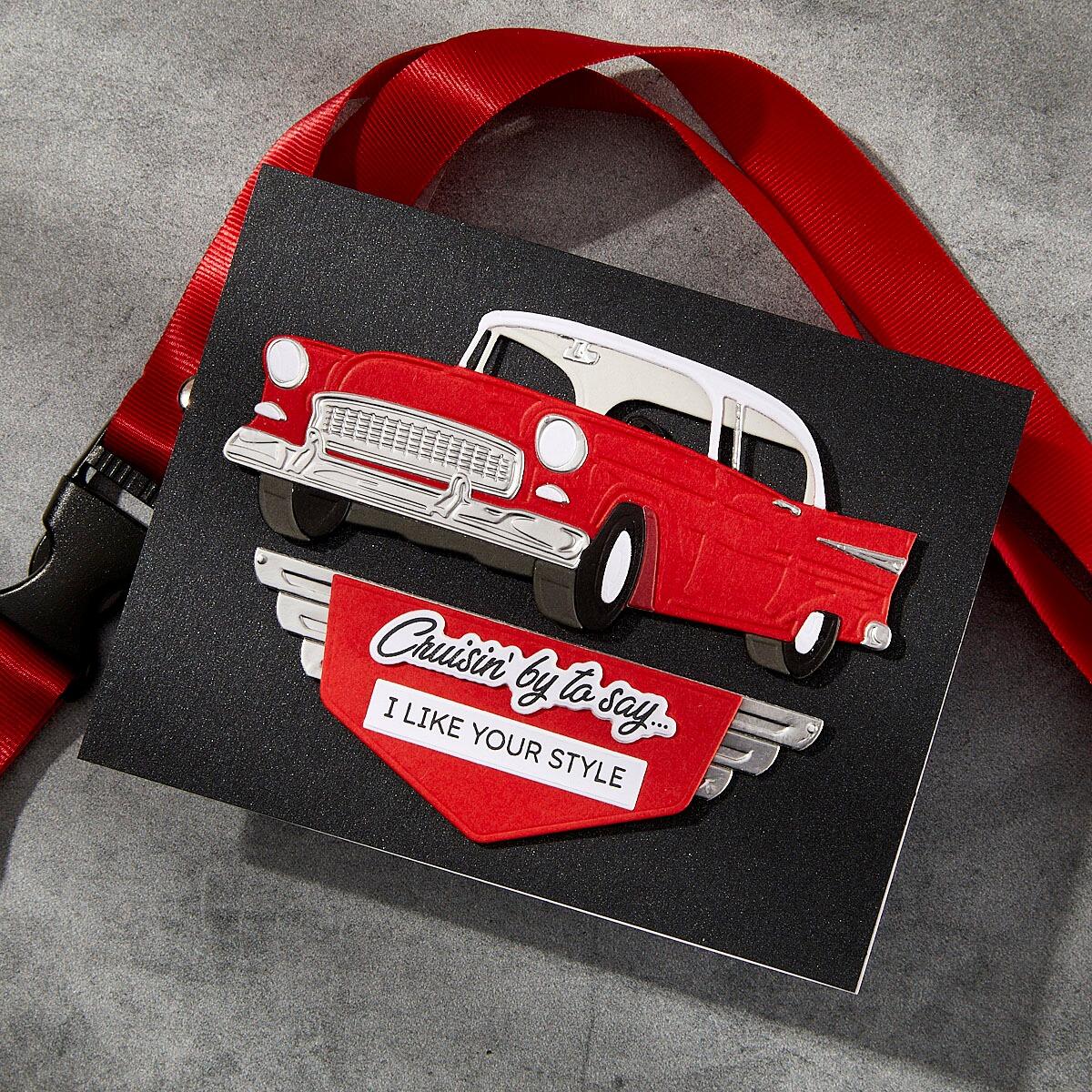 Spellbinders Cruisin' By Sentiments Clear Stamp & Die Set from the Classic Road Legends Collection by Mindy Eggen