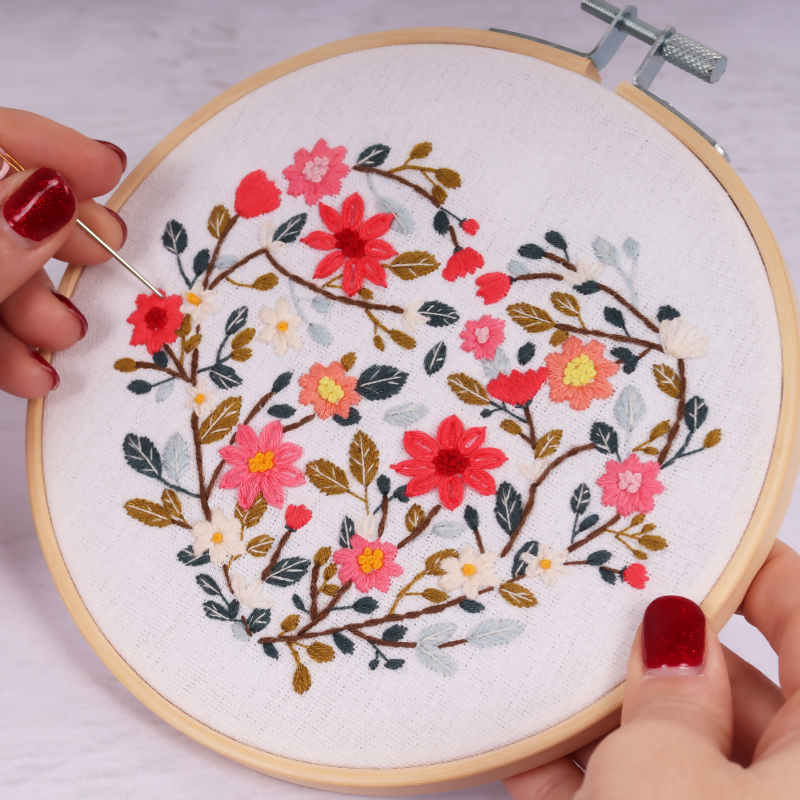 Trimits Floral Heart Embroidery Hoop Kit Completed