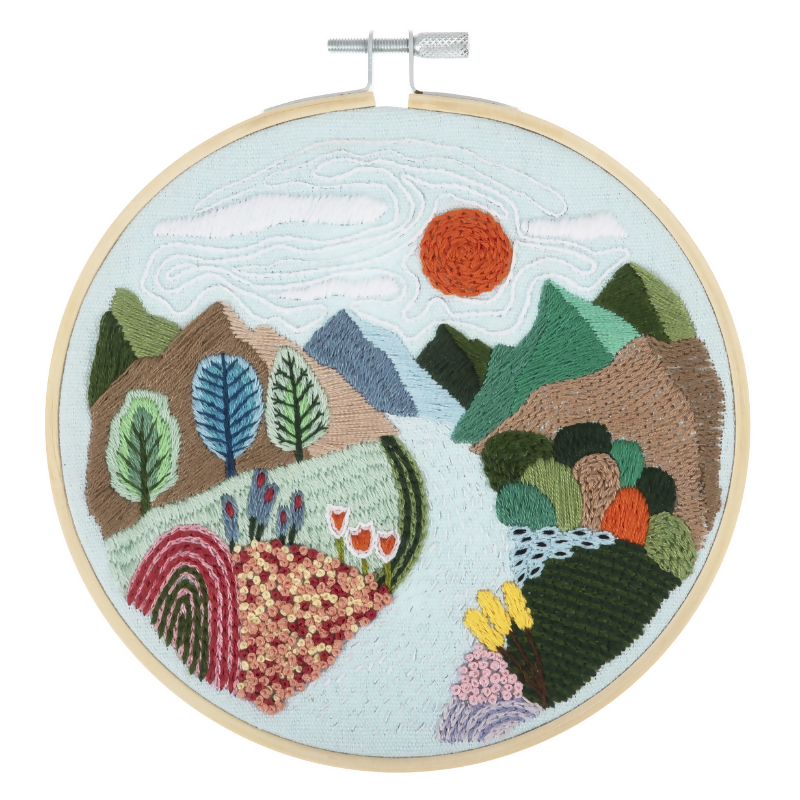 Trimits Mountain View Embroidery Hoop Kit Completed