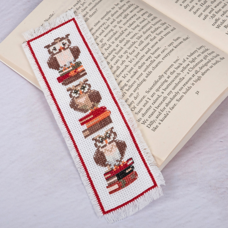 Trimits Owls Cross Stitch Bookmark Kit On A Book