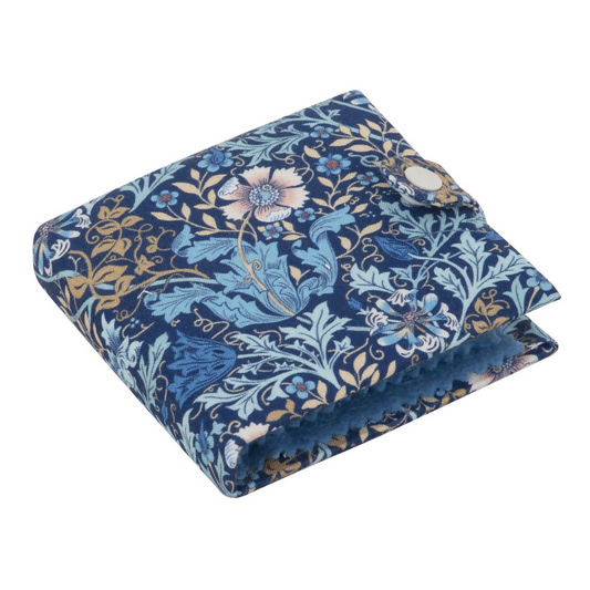 Woodblock Floral Needle and Scissors Case, closed, showing floral print and popper fastening